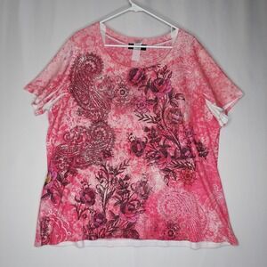 Appropriate Vtg Y2K Top Womens 3X Pink Paisley Floral Abstract Short Sleeve